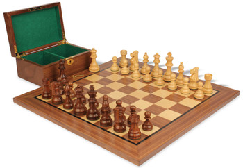 Image of ID 1352753714 French Lardy Staunton Chess Set Golden Rosewood & Boxwood Pieces with Classic Walnut Board & Box - 375" King