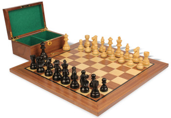 Image of ID 1352753715 French Lardy Staunton Chess Set Ebonized & Boxwood Pieces with Classic Walnut Board & Box - 375" King