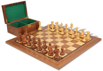 Image of ID 1352753718 New Exclusive Staunton Chess Set Golden Rosewood & Boxwood Pieces with Classic Walnut Board & Box - 3" King