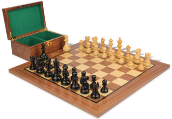 Image of ID 1352753720 Deluxe Old Club Staunton Chess Set Ebonized & Boxwood Pieces with Walnut Board & Box - 375" King