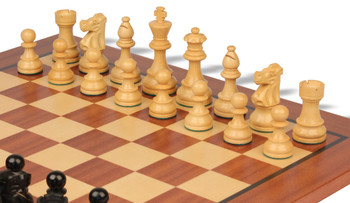Image of ID 1352753727 French Lardy Staunton Chess Set Ebonized & Boxwood Pieces with Classic Mahogany Board - 375" King