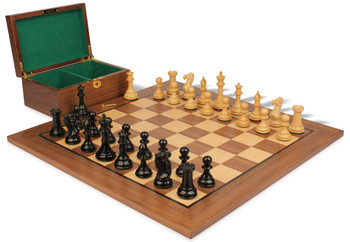 Image of ID 1352753741 New Exclusive Staunton Chess Set Ebonized & Boxwood Pieces with Classic Walnut Board & Box - 3" King