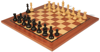 Image of ID 1352753742 British Staunton Chess Set Ebonized & Boxwood Pieces with Classic Mahogany Board - 35" King