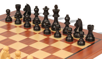 Image of ID 1352753753 German Knight Staunton Chess Set Ebonized & Boxwood Pieces with Classic Mahogany Board - 275" King