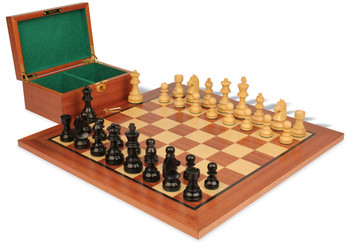 Image of ID 1352753754 German Knight Staunton Chess Set Ebonized & Boxwood Pieces with Classic Mahogany Board & Box - 275" King