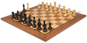 Image of ID 1352753755 British Staunton Chess Set Ebonized & Boxwood Pieces with Classic Walnut Board - 35" King
