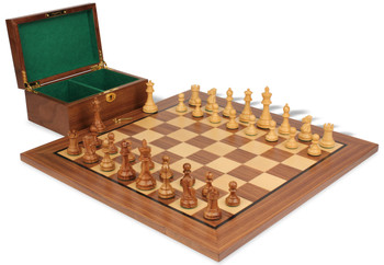Image of ID 1352753761 British Staunton Chess Set in Golden Rosewood & Boxwood with Classic Walnut Board & Box - 35" King