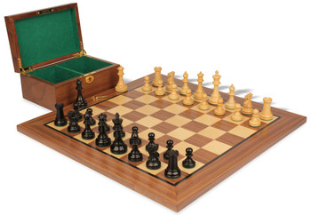 Image of ID 1352753762 British Staunton Chess Set Ebonized & Boxwood Pieces with Classic Walnut Board & Box - 35" King