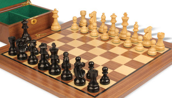 Image of ID 1352881095 French Lardy Staunton Chess Set Ebonized & Boxwood Pieces with Classic Walnut Board & Box - 275" King