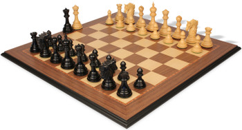 Image of ID 1352881105 Bucephalus Staunton Chess Set in Ebony & Boxwood with Walnut & Maple Moulded Edge Chess Board