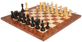 Image of ID 1352881107 Bucephalus Staunton Chess Set in Ebony & Boxwood with Elm Burl & Erable Board - 45" King