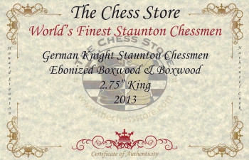 Image of ID 1353412030 German Knight Staunton Chess Set Ebonized & Boxwood Pieces with Mahogany Chess Box - 375" King