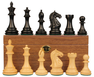 Image of ID 1353412036 Fierce Knight Staunton Chess Set Ebonized & Boxwood Pieces with Walnut Chess Box - 4" King