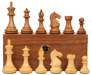 Image of ID 1353412043 Fierce Knight Staunton Chess Set Golden Rosewood & Boxwood Pieces with Walnut Chess Box - 4"  King