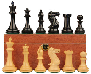 Image of ID 1353489896 New Exclusive Staunton Chess Set Ebonized & Boxwood Pieces with Mahogany Chess Box  - 4" King