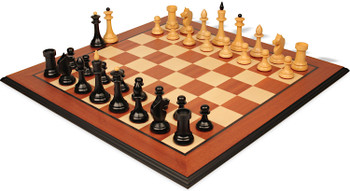 Image of ID 1354699027 The Queen's Gambit Final Game Chess Set Ebonized & Boxwood Pieces with Mahogany & Maple Molded Edge Board - 4" King