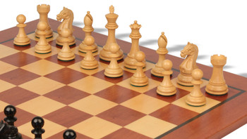 Image of ID 1354994449 Fierce Knight Staunton Chess Set Ebonized & Boxwood Pieces with Classic Mahogany Board - 35" King
