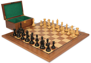 Image of ID 1354994452 Fierce Knight Staunton Chess Set Ebonized & Boxwood Pieces with Classic Walnut Board & Box - 35" King