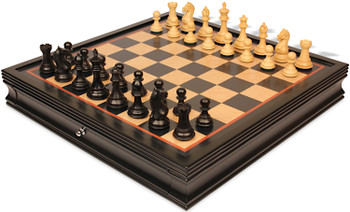 Image of ID 1354994454 Fierce Knight Staunton Chess Set Ebonized & Boxwood Pieces with Black & Bird's-Eye Maple Chess Case - 35" King