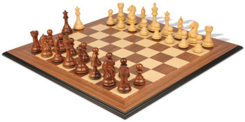 Image of ID 1354994465 Fierce Knight Staunton Chess Set Golden Rosewood & Boxwood Pieces with Walnut Molded Edge Chess Board - 35" King