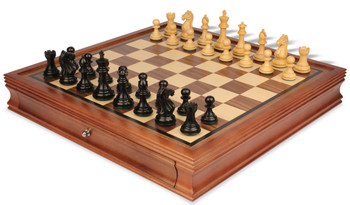 Image of ID 1354994469 Fierce Knight Staunton Chess Set Ebonized & Boxwood Pieces with Walnut Chess Case - 35" King