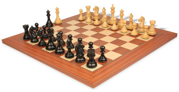 Image of ID 1354994470 Fierce Knight Staunton Chess Set in Ebonized & Boxwood with Mahogany & Maple Deluxe Chess Board - 35" King