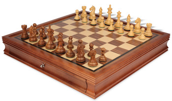 Image of ID 1354994471 Fierce Knight Staunton Chess Set Golden Rosewood & Boxwood Pieces with Walnut Chess Case - 35" King