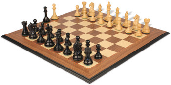 Image of ID 1354994486 Fierce Knight Staunton Chess Set Ebonized & Boxwood Pieces with Walnut & Maple Molded Edge Board - 35" King