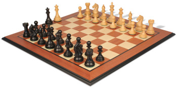 Image of ID 1354994490 Fierce Knight Staunton Chess Set Ebonized & Boxwood Pieces with Mahogany & Maple Molded Edge Board - 35" King