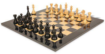 Image of ID 1354994492 Fierce Knight Staunton Chess Set Ebonized & Boxwood Pieces with Black & Ash Burl Board - 35" King