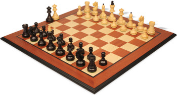Image of ID 1355459830 Bohemian Series Chess Set Ebonized & Boxwood Pieces with Mahogany & Maple Molded Edge Board - 4" King