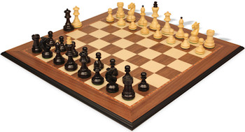 Image of ID 1355459831 Bohemian Series Chess Set Ebonized & Boxwood Pieces with Walnut & Maple Molded Edge Board - 4" King