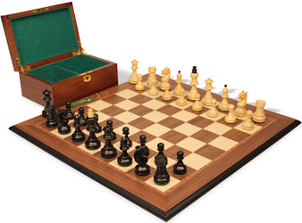 Image of ID 1355459832 Bohemian Series Chess Set Ebonized & Boxwood Pieces with Walnut & Maple Molded Edge Board & Box - 4" King