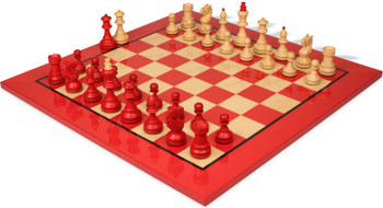 Image of ID 1355459839 Bohemian Series Chess Set Crimson & Boxwood Pieces with Red & Maple High Gloss Deluxe Board - 4" King