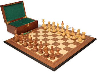Image of ID 1355459843 Bohemian Series Chess Set Golden Rosewood & Boxwood Pieces with Walnut & Maple Molded Edge Board & Box - 4" King