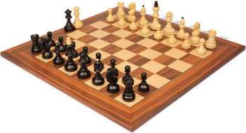 Image of ID 1355459848 Bohemian Series Chess Set Ebonized & Boxwood Pieces with Santos Rosewood  & Maple Deluxe Chess Board - 4" King