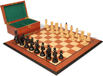Image of ID 1355574535 Zagreb Series Chess Set Ebonized & Boxwood Pieces with Mahogany Molded Chess Board & Box - 325" King