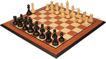 Image of ID 1355698438 Reykjavik Series Chess Set Ebonized & Boxwood Pieces with Mahogany & Maple Molded Edged Board - 375" King