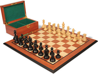 Image of ID 1355698439 Reykjavik Series Chess Set Ebony & Boxwood Pieces with Mahogany & Maple Molded Edge Board & Box - 375" King