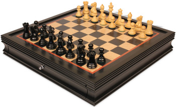 Image of ID 1356257138 New Exclusive Staunton Chess Set Black & Natural Boxwood High Gloss Pieces with Black & Bird's-Eye Maple Chess Case - 3" King