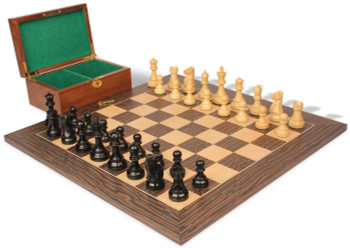 Image of ID 1356257148 Fischer-Spassky Commemorative Chess Set Ebonized & Boxwood Pieces with Deluxe Tiger Ebony Board & Box - 375" King