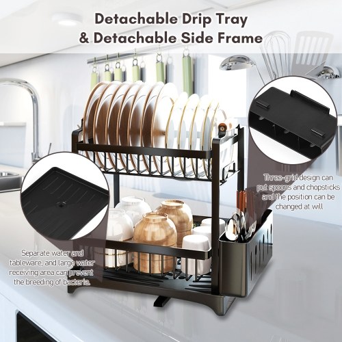 Image of ID 1356259021 Dish Drying Rack Dish Drainer Set 3-Tier Dish Racks with Detachable Drainboard Chopstick Rack Bowl Holder Storage Rack for Kitchen Counter