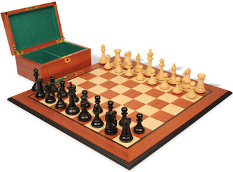 Image of ID 1356343485 New Exclusive Staunton Chess Set Ebony & Boxwood Pieces with Mahogany & Maple Molded Edge Board & Box - 35" King