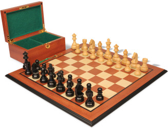 Image of ID 1356343489 German Knight Staunton Chess Set Ebonized & Boxwood Pieces with Mahogany Molded Edge Chess Board & Box - 325" King