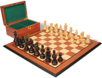 Image of ID 1356343490 French Lardy Staunton Chess Set Ebonized & Boxwood Pieces with Mahogany & Maple Molded Edge Board & Box - 375" King