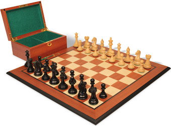 Image of ID 1356343500 Fierce Knight Staunton Chess Set Ebonized & Boxwood Pieces with Mahogany & Maple Molded Edge Board & Box - 4" King