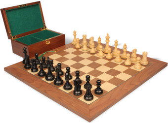 Image of ID 1356603730 British Staunton Chess Set Ebonized & Boxwood Pieces with Walnut & Maple Deluxe Board & Box - 4" King