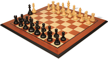 Image of ID 1356768486 British Staunton Chess Set Ebonized & Boxwood Pieces with Mahogany & Maple Molded Edge Board - 35" King