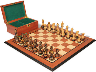 Image of ID 1356885681 Reykjavik Series Chess Set Burnt Boxwood Pieces with Mahogany & Maple Molded Edge Board & Box - 375" King