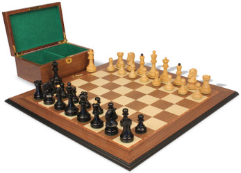 Image of ID 1357713060 Dubrovnik Staunton Chess Set Ebony & Boxwood Pieces with Walnut Molded Edge Board & Box - 39" King